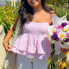Pink Gingham Layer Hem Peplum Babydoll Top