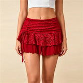 Floral Lace Ruffle Side Drawstring Mini Skirt