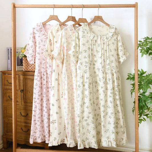 Cotton Floral Printed Short-sleeved Nightgown