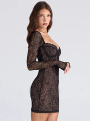 Lace Fishbone Sweetheart-Neck Long Sleeve Mini Dress