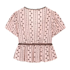 Pink Floral Stripe Lace Trim Short Sleeve Top And Mini Skirt Set