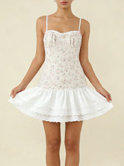 White Floral Print Cami Ruffled Lace Hem Mini Dress