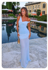 Off Shoulder Draped Corset Mesh Maxi Dress