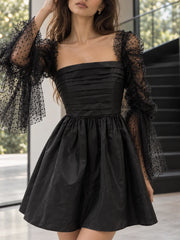 Black Satin Sheer Long Polka Dot Sleeves Mini Dress
