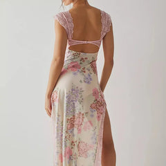 Floral Print Lace Patchwork Cutout V-Neck Midi Dress