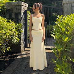 Yellow Spaghetti Strap Crop Top And Maxi Skirt Matching Set