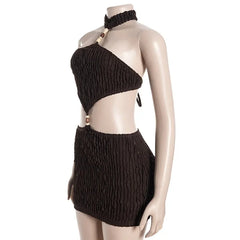 Hollow-out Halter Beaded Textured Mini Dress