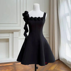 Black Square Collar 3D Floral Irregular Sash Mini Dress