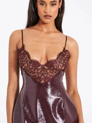 Burgundy Spaghetti Strap Lace Patchwork Pu Faux Leather Mini Dress