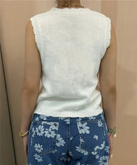 Knit V-Neck Floral Embroidery Vest