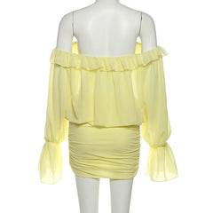 Yellow Off-Shoulder Sheer Ruched Mini Dress