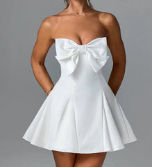 Large Bow Strapless Flare Mini Dress
