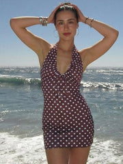 Brown Polka Dot Ruched Neck Mini Dress