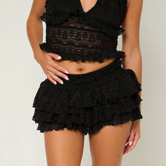 Lace Tie-up Halter Open Back Cami Tops And Mini Layered Skirt Set
