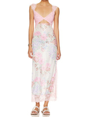 Floral Print Lace Patchwork Cutout V-Neck Midi Dress