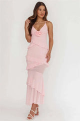 Spaghetti Strap 3D Rose V Neck Ruffle Maxi Dress