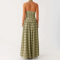 Green Plaid Halter Maxi Dress