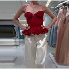 Red Ruffle Hem Cami Peplum Crop Top