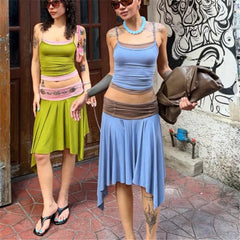 Blue Layered Cami Tank Top And Asymmetrical Hem Midi Skirt Set