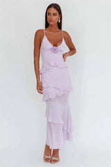 Spaghetti Strap 3D Rose V Neck Ruffle Maxi Dress