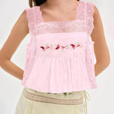 Flower Embroidered Lace Trim Square Neck Side Tie Tank Top