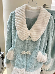 Fur Fleeve Long Sleeve Pocket Shirt And Pants Pajama Set