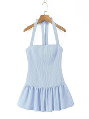Stripe Halter Smocked Puff Hem Mini Dress