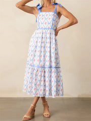 Effortless Printed Tiered Midi Dress - Square Neck with Tie Shoulder