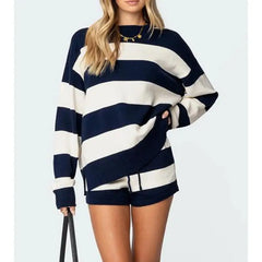 Knit Striped Long Sleeve Pullover And Drawstring Waist Shorts Set