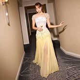 Cape Sleeve Chiffon Tiered Petals Sequined Pearl Embellished Gown