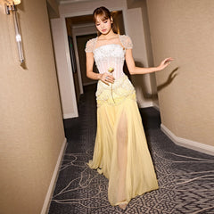 Cape Sleeve Chiffon Tiered Petals Sequined Pearl Embellished Gown