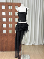 Fishbone Lace-Up Top And Mesh Asymmetrical Skirt Two-Piece Set
