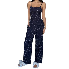 Cherry Print Cami Tops And Elastic High Waist Pants Pjs Set