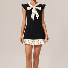 Ribbon V-Neck Pleated Hem Dotted Patchwork Mini Dress