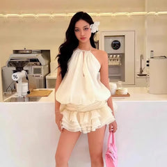 Halter Backless Top And Low Waist Ruffle Skirts Set