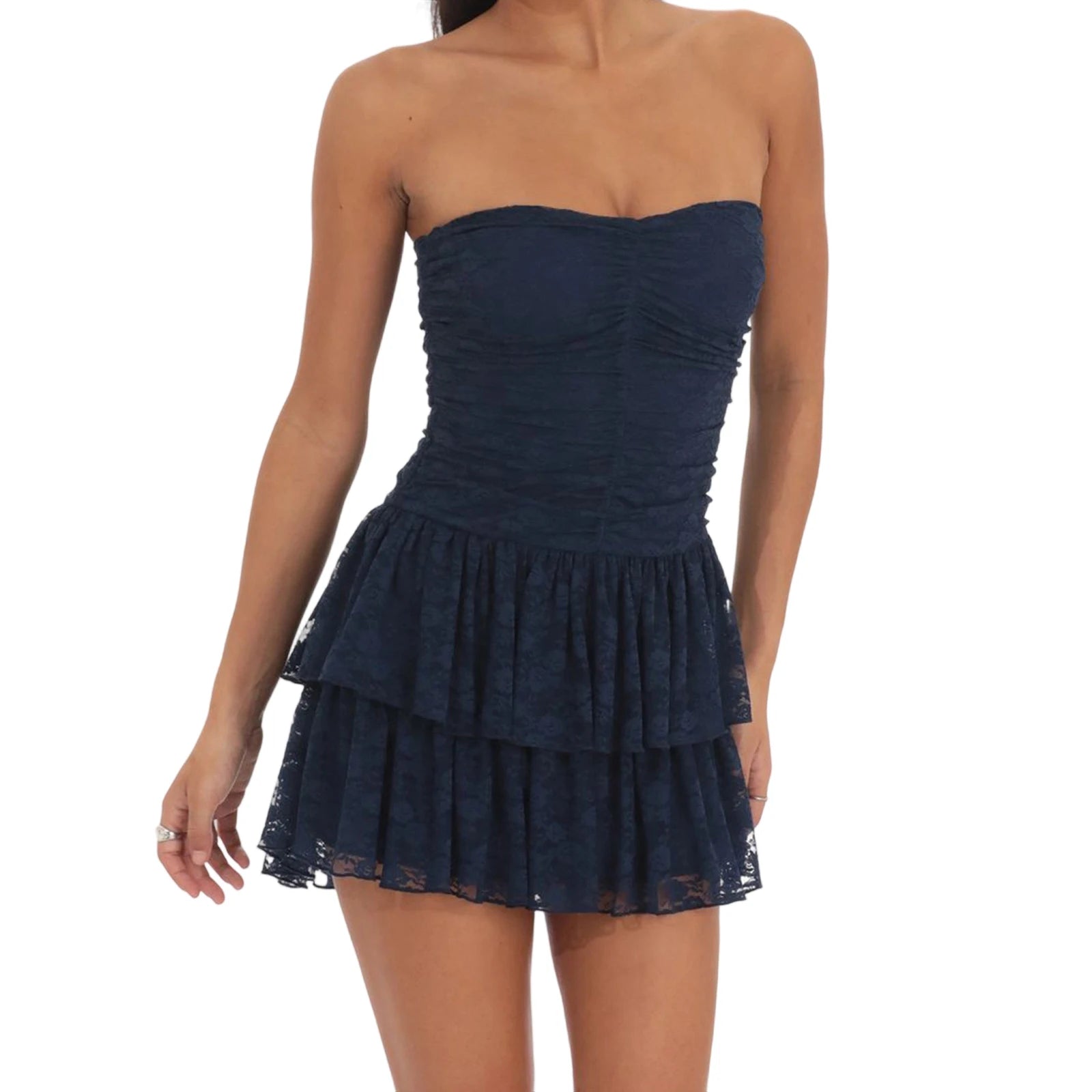Navy strapless dress with ruched bodice and layered skirt