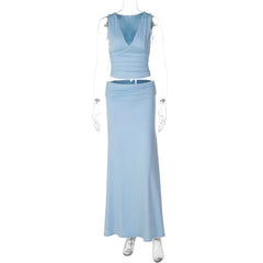Deep V-Neck Sleeveless Ruched Top And Long Skirt Set