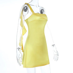 Satin One-Shoulder Ribbon Mini Dress