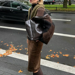 Brown Plaid Turtleneck Sweater And Knit Skirt Set