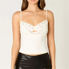 Beaded Embellishment Spaghetti Strap Cowl Neck Cutout Top