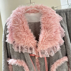 Grey Plush Pink Fur Trim Long Sleeve Shirt And Pants Sleepwear Set