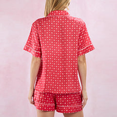 Heart Print Short Sleeve Lapel Neck Shirt with Pocket And Shorts Loungewear Pajamas Set