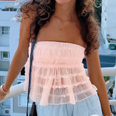 Pink Drawstring Mesh Babydoll Crop Top