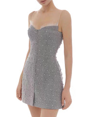 Grey Stripe Sleeveless Rhinestone Mini Dress