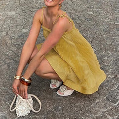 Yellow Cami Tie-Up Ruffle Hem Slip Mini Dress