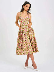 Floral Printed Neck Mounted A-line Midi Dress