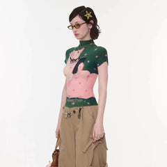 Star Cat Print High Collar Short Sleeve Top