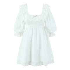 Lace Ruffles Square Collar Lantern Sleeve Mini Dress