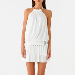 Ruffled Halter Neck Backless Metal Buckled Mini Dress
