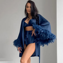 Satin Cami Top And Shorts With Fur Trim Rode Nightgown Three-piece Set